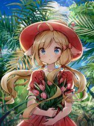 Rule 34 | 1girl, :o, ahoge, animal ears, blonde hair, blue eyes, blush, bouquet, bow, commentary request, day, dress, floating hair, flower, hair bow, hat, highres, holding, holding bouquet, horizon, long hair, looking at viewer, low twintails, melings (aot2846), nature, ocean, original, outdoors, parted lips, pink flower, plant, pleated dress, red bow, red dress, red hat, short sleeves, solo, tulip, twintails, very long hair, water