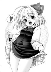 Rule 34 | 1girl, ascot, blush, collared shirt, commentary request, greyscale, hair ribbon, heart, highres, long sleeves, looking at viewer, medium hair, monochrome, open mouth, panties, ribbon, rumia, shirt, simple background, skirt, skirt hold, smile, solo, speech bubble, spoken heart, tomoki tomonori, touhou, underwear, vest, white background