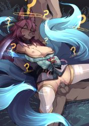 Rule 34 | 1girl, 2boys, ?, absurdres, ahri (league of legends), bare shoulders, bell, breasts, clothed female nude male, cum, cum in pussy, double penetration, facial mark, fellatio, grass, grey thighhighs, group sex, hetero, highres, kitsune, large breasts, league of legends, long hair, lying, mmf threesome, multiple boys, multiple penises, nipples, nude, on back, on person, oral, penis, pink hair, reverse cowgirl position, sex, sex from behind, shuuko (s h uuko), spirit blossom ahri, straddling, testicles, thighhighs, threesome, vaginal, whisker markings