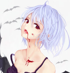 Rule 34 | 1girl, ahoge, bad id, bad pixiv id, bare shoulders, bat (animal), bat wings, blood, blood in mouth, blood on face, collarbone, dripping, eyebrows, eyelashes, fangs, gradient background, grey background, head tilt, highres, looking at viewer, looking to the side, lumo 1121, no headwear, open mouth, portrait, red eyes, remilia scarlet, saliva, short hair, sleeveless, solo, strap slip, touhou, wings