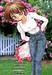 Rule 34 | 1girl, arms behind back, blue pants, blush, bouquet, breasts, brown eyes, brown hair, bush, collarbone, denim, earrings, flower, gate, holding, jeans, jewelry, long sleeves, looking to the side, medium breasts, pants, shirt, short hair, smile, standing, studio abuno culture, tree, white shirt