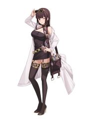 Rule 34 | 1girl, absurdres, bag, black dress, black thighhighs, bottle, breasts, brown eyes, brown hair, cleavage, commentary request, contrapposto, criss-cross halter, dress, earrings, flask, halterneck, hand on own hip, high heels, highres, holding, holding bag, id card, jewelry, lab coat, large breasts, off shoulder, one eye closed, original, short dress, sidelocks, solo, stiletto heels, test tube, thighhighs, yt9676