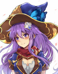 Rule 34 | 1girl, blush, breasts, cleavage, cleavage cutout, clothing cutout, four goddesses online: cyber dimension neptune, hair ornament, hat, jewelry, long hair, medium breasts, nepgear, neptune (series), purple eyes, purple hair, simple background, smile, solo, upper body, white background, white crow, witch hat, wizard hat