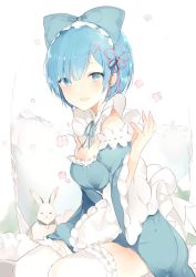 Rule 34 | 10s, 1girl, adapted costume, alternate costume, aqua bow, aqua dress, blue eyes, blue hair, bow, breasts, cleavage, collar, detached collar, detached sleeves, dress, flower, frilled collar, frilled thighhighs, frills, glass, hair ornament, hair over one eye, hair ribbon, hand up, long sleeves, looking at viewer, lpip, maid headdress, matching hair/eyes, medium breasts, open mouth, pink flower, puffy long sleeves, puffy sleeves, purple ribbon, rabbit, re:zero kara hajimeru isekai seikatsu, rem (re:zero), ribbon, short hair, sitting, smile, solo, thighhighs, water, white thighhighs, wide sleeves, x hair ornament, yokozuwari