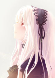 Rule 34 | 1girl, crying, dress, hairband, highres, long hair, profile, red eyes, rozen maiden, simple background, solo, suigintou, tears, white hair