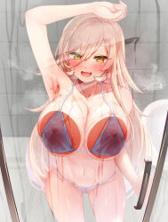 Rule 34 | 1girl, against glass, bathroom, bikini, blonde hair, blush, breast press, breasts, breasts on glass, covered erect nipples, fang, festa11307070, hair between eyes, hand on glass, large breasts, long hair, looking at viewer, nijisanji, nipples, nui sociere, open mouth, purple bikini, see-through, skin fang, solo, steam, swimsuit, virtual youtuber, wet, yellow eyes