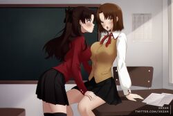 Rule 34 | absurdres, after kiss, black hair, blue eyes, blush, breasts, brown eyes, brown hair, chalkboard, commentary, commission, desk, english commentary, fate/stay night, fate (series), hand on another&#039;s thigh, highres, homurahara academy school uniform, large breasts, medium breasts, mitsuzuri ayako, on desk, red shirt, saliva, saliva trail, school desk, school uniform, second-party source, shirt, short hair, sitting, on desk, skirt, thighhighs, tohsaka rin, tongue, tongue out, twintails, xkzan, yuri, zettai ryouiki