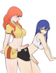 Rule 34 | 2girls, alternate costume, black shorts, blue hair, breasts, breasts out, caeda (fire emblem), celica (fire emblem), crop top, erection, fire emblem, fire emblem: mystery of the emblem, fire emblem echoes: shadows of valentia, fire emblem warriors, futa with futa, futanari, grinding, humping, jenocidero, large breasts, long hair, midriff, multiple girls, navel, nintendo, official alternate costume, open clothes, penis, penis out, red hair, shirt, short shorts, shorts, sleeveless, sleeveless shirt, sports bra, teasing, testicles, unzipped, yellow shirt, yellow shorts