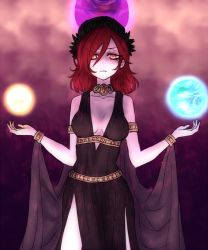 Rule 34 | 1girl, alternate costume, ancient greek clothes, armlet, bangle, bare shoulders, bracelet, breasts, choker, cleavage, dress, earth (ornament), earth (planet), english text, expressionless, gem, greco-roman clothes, hecatia lapislazuli, himation, image sample, jewelry, md5 mismatch, miata (miata8674), moon, moon (ornament), necklace, open mouth, orb, pale skin, parted lips, peplos, planet, red eyes, red hair, resolution mismatch, shaded face, shawl, solo, source larger, stola, touhou, triangle mouth, v-neck, when you see it, yellow eyes