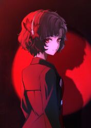 Rule 34 | 1girl, black coat, black hair, closed mouth, coat, curly hair, dark background, feather hair ornament, feathers, from behind, hair ornament, hairband, highres, long sleeves, looking at viewer, looking back, red eyes, red theme, reverse:1999, rizzu, schneider (reverse:1999), shadow, short hair, smile, solo, spotlight, turning head, upper body, white hairband