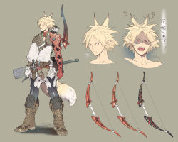 Rule 34 | 1boy, arrow (projectile), blonde hair, boots, bow (weapon), character sheet, fangs, grey background, highres, honya lala, male focus, mechanical arms, multiple views, original, pointy ears, quiver, red eyes, simple background, single mechanical arm, spiked hair, tail, weapon