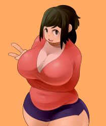 Rule 34 | 1girl, blue skirt, boku no hero academia, breasts, cleavage, green eyes, green hair, highres, huge breasts, large breasts, looking at viewer, mature female, midoriya inko, non-web source, nonesaint, open mouth, pencil skirt, plump, shirt, simple background, skirt, solo, sweater vest, teeth, thick thighs, thighs, upper teeth only, v, white shirt
