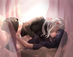 Rule 34 | 2girls, bed, black hair, black shirt, black shorts, breasts, byleth (female) (fire emblem), byleth (fire emblem), canopy bed, closed eyes, clothes lift, edelgard von hresvelg, fire emblem, fire emblem: three houses, grabbing, grabbing another&#039;s breast, hand under clothes, hand under shirt, hand under shorts, highres, indoors, kiss, lifting another&#039;s clothes, lin (cloverholic), long hair, lying, medium breasts, midriff, multiple girls, navel, nintendo, on back, shirt, shirt lift, short shorts, short sleeves, shorts, stomach, straight hair, white hair, yuri