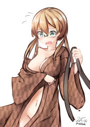 Rule 34 | 10s, 1girl, bad id, bad pixiv id, bespectacled, blonde hair, blush, breasts, cleavage, glasses, green eyes, kantai collection, long hair, low twintails, navel, nekobaka, open clothes, open mouth, prinz eugen (kancolle), simple background, solo, twintails, wardrobe malfunction, white background, yagasuri