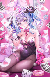 Rule 34 | 1girl, absurdres, ace (playing card), ace of hearts, ahoge, animal ears, arm belt, belt, black belt, black bow, black leotard, blue eyes, blue hair, blush, bow, breasts, card, cleavage, clothing cutout, collar, cuffs, detached collar, dice, doughnut, fake animal ears, food, hair ornament, hairband, handcuffs, hatsune miku, heart, heart-shaped pupils, heart cutout, highres, isari sensei, large breasts, leotard, medium breasts, necktie, o-ring, o-ring thigh strap, open mouth, pantyhose, pink bow, pink necktie, pink ribbon, playboy bunny, playing card, poker chip, purple hair, rabbit ears, rabbit hair ornament, rabbit hole (vocaloid), ribbon, signature, solo, spoken heart, strap slip, stuffed animal, stuffed rabbit, stuffed toy, symbol-shaped pupils, teeth, thigh strap, upper teeth only, white collar, white hairband, wrist ribbon, x hair ornament