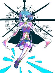 Rule 34 | 10s, 1girl, arms at sides, blue eyes, blue hair, cape, magical girl, mahou shoujo madoka magica, mahou shoujo madoka magica (anime), matching hair/eyes, miki sayaka, musical note, short hair, sitting, smile, solo, staff (music), sword, tegaki, thighhighs, weapon