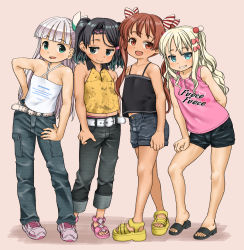 Rule 34 | 4girls, alternate costume, belt, black footwear, black hair, blonde hair, blue eyes, blunt bangs, brown eyes, brown hair, clothes writing, denim, denim shorts, fang, female focus, full body, grecale (kancolle), green eyes, hair ribbon, halterneck, hand on own hip, harukaze unipo, highres, jeans, kantai collection, libeccio (kancolle), long hair, looking at viewer, maestrale (kancolle), mole, mole under eye, multiple girls, open mouth, pants, pink background, pink footwear, ribbon, sandals, scirocco (kancolle), shirt, shoes, short twintails, shorts, simple background, sleeveless, sleeveless shirt, smile, sneakers, standing, tan, tank top, twintails, white hair, yellow footwear