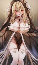 Rule 34 | 1girl, absurdly long hair, azur lane, between breasts, black gloves, blonde hair, breast cutout, breasts, covered navel, fake horns, gloves, habit, hair between eyes, highres, horns, huge breasts, ichigo moka, implacable (azur lane), interlocked fingers, long bangs, long hair, long sleeves, looking to the side, nun, pelvic curtain, red eyes, see-through, solo, thighhighs, veil, very long hair, white horns, white thighhighs, wide sleeves
