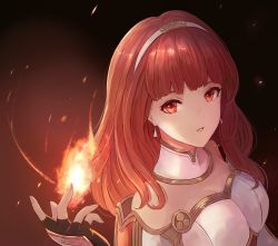 Rule 34 | 1girl, armor, black gloves, breastplate, breasts, celica (fire emblem), cleavage, collar, commentary, dark background, earrings, fingerless gloves, fire, fire emblem, fire emblem echoes: shadows of valentia, from above, gloves, hairband, jewelry, leonmandala, long hair, looking at viewer, looking up, magic, medium breasts, nintendo, parted lips, red eyes, red hair, signature, smile, solo, upper body, white hairband