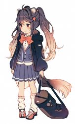Rule 34 | 1girl, ahoge, animal ears, bag, blue jacket, blue skirt, blue vest, bow, bowtie, braid, closed mouth, commentary, english commentary, full body, gradient hair, hair intakes, hood, hooded jacket, jacket, leg warmers, long sleeves, multicolored hair, original, pleated skirt, purple hair, red bow, red bowtie, red eyes, red footwear, satchely, shirt, shoes, simple background, skirt, smile, solo, standing, tail, two side up, vest, white background, white legwear, white shirt