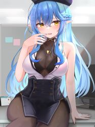 Rule 34 | 1girl, absurdres, bare shoulders, beret, black pantyhose, black skirt, blue hair, blush, bodystocking, bra, bra peek, breasts, cleavage, collared shirt, cosplay, hat, heart, heart necklace, high-waist skirt, highres, hololive, houshou marine, houshou marine (businesswoman), houshou marine (cosplay), jewelry, large breasts, long hair, looking at viewer, micon, necklace, official alternate costume, open mouth, pantyhose, see-through, see-through cleavage, shirt, skirt, sleeveless, sleeveless shirt, solo, underwear, virtual youtuber, white shirt, yellow eyes, yukihana lamy