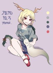 Rule 34 | 1girl, antlers, artist name, bell, blonde hair, blue bow, blue skirt, bow, breasts, collarbone, color guide, commentary request, dated, dragon horns, dragon tail, full body, gradient background, grey background, grey shirt, grin, highres, horns, jingle bell, kicchou yachie, mary janes, otter spirit (touhou), parted bangs, red eyes, red footwear, shirt, shoes, short hair, short sleeves, simple background, sitting, skirt, sleeves past elbows, small breasts, smile, solo, tail, touhou, turtle shell, yokozuwari, yonoisan