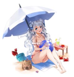 Rule 34 | 1girl, bad id, bad pixiv id, ball, barefoot, beachball, bikini, blue eyes, blush, breasts, bucket, cleavage, crab, double bun, emyo, full body, long hair, looking at viewer, medium breasts, open mouth, original, pointy ears, sand castle, sand sculpture, shovel, silver hair, sitting, smile, solo, swimsuit, umbrella, worktool