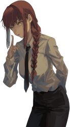 Rule 34 | 1girl, absurdres, black necktie, black pants, braid, braided ponytail, breasts, brown hair, buttons, chainsaw man, closed mouth, collared shirt, commentary request, eyelashes, fingernails, grey shirt, hair between eyes, hair ornament, hand up, highres, index finger raised, lips, long fingernails, long hair, long sleeves, looking to the side, makima (chainsaw man), medium breasts, necktie, pants, puffy long sleeves, puffy sleeves, rasetsu001, ringed eyes, shirt, sidelocks, simple background, smile, solo, standing, teeth, white background, yellow eyes