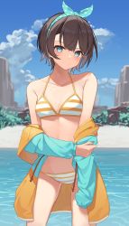 Rule 34 | 1girl, absurdres, bare shoulders, bikini, bikini under clothes, blue eyes, blue sky, blurry, blush, bow hairband, breasts, brown hair, cleavage, cloud, collarbone, day, depth of field, dot nose, drawstring, hairband, highres, holding own arm, hololive, jacket, jacket partially removed, long sleeves, looking at viewer, medium breasts, multicolored clothes, multicolored jacket, off shoulder, oozora subaru, oozora subaru (hololive summer 2019), outdoors, polka dot hairband, short hair, sidelocks, sky, sl10 d, sleeves past fingers, sleeves past wrists, solo, standing, striped bikini, striped clothes, swimsuit, thighs, two-tone jacket, virtual youtuber, water