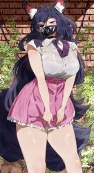 Rule 34 | 1girl, ahoge, animal ear fluff, animal ears, black choker, black hair, black necktie, breasts, brick wall, choker, commentary, dress shirt, english commentary, glasses, high-waist skirt, highres, knees up, large breasts, long hair, looking at viewer, mask, mouth mask, necktie, original, outdoors, pink skirt, plant, pleated skirt, purple eyes, round eyewear, ryusei hashida, shirt, shirt tucked in, short sleeves, skirt, solo, surgical mask, sweat, tail, thick thighs, thighs, v arms, very long hair, white shirt, wing collar
