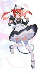 Rule 34 | 1girl, :3, absurdres, animal ears, apron, black dress, blush, bocchi the rock!, bubble skirt, cat ears, cat tail, cleavage cutout, clenched hands, closed mouth, clothing cutout, commentary request, dress, fake animal ears, fake tail, floating, frilled apron, frilled dress, frills, full body, green eyes, grey footwear, hands up, heart cutout, highres, juliet sleeves, kita ikuyo, leg up, long hair, long sleeves, looking at viewer, maid headdress, parted bangs, paw pose, puffy sleeves, red hair, simple background, skirt, sofa (enogunomu), solo, tail, thighhighs, twintails, twitter username, white apron, white background, white thighhighs, zoom layer