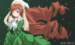 Rule 34 | 00s, 1girl, brown hair, collar, dress, drill hair, green background, green dress, green eyes, head scarf, heterochromia, long hair, long sleeves, own hands together, red eyes, rozen maiden, simple background, solo, straightchromia, suiseiseki, twin drills, twintails, upper body, very long hair, yomi (indigoriver)