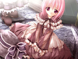 Rule 34 | 1girl, cafe little wish, dress, game cg, hat, lily (cafe little wish), pink eyes, pink hair, ribbon, sad, short hair, sitting, solo, tears, tinker bell (pixiv 10956015), water, wet, wet clothes