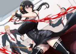 Rule 34 | 1girl, 2boys, absurdres, bare shoulders, black dress, black hair, black thighhighs, blood, breasts, dagger, dress, earrings, flower, gold earrings, gold hairband, hair flower, hair ornament, hairband, highres, holding, holding dagger, holding knife, holding weapon, jewelry, knife, large breasts, long hair, multiple boys, red eyes, rose, sidelocks, spy x family, thighhighs, thighs, torahime (roland00), two-sided dress, two-sided fabric, weapon, yor briar
