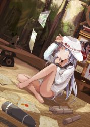 Rule 34 | 10s, 1girl, barefoot, blue eyes, blush, cabinet, cat, doraragi, feet, forest, hammer and sickle, hat, helm, helmet, hibiki (kancolle), highres, holographic interface, kantai collection, kirishima (kancolle), leaf, long hair, map, maple leaf, nature, no pants, open mouth, personification, poster (object), ship&#039;s wheel, silver hair, solo, star (symbol), tree, verniy (kancolle)