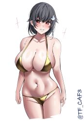 1girl absurdres alternate_costume arms_at_sides bare_shoulders bikini black_hair blush breasts cleavage collarbone commentary_request cowboy_shot cropped_legs gold_bikini grin highres jingei_(kancolle) kantai_collection large_breasts one-hour_drawing_challenge red_eyes short_hair simple_background smile solo sparkle swimsuit tf_cafe twitter_username white_background