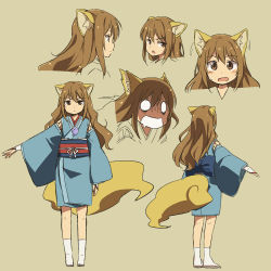 Rule 34 | 1girl, animal ears, blue dress, brown eyes, brown hair, character sheet, detached sleeves, dress, drooling, ears up, expressions, fox ears, fox tail, grey background, hands in opposite sleeves, japanese clothes, jewelry, kaya no hime, kimono, long hair, long sleeves, looking at viewer, multiple views, necklace, o o, obi, open mouth, outstretched arm, pendant, sash, shikihime zoushi, simple background, tail, turn pale, white legwear, wide sleeves, wolf ears, wolf tail, yudepii