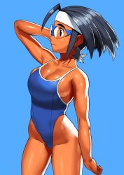 Rule 34 | 1girl, arm up, arung samudra (cessa), black hair, blue background, blue one-piece swimsuit, breasts, cessa, cleavage, cowboy shot, dark skin, dark-skinned female, goggles, highleg, highleg swimsuit, medium breasts, ombok diving and delivery services, one-piece swimsuit, profile, short hair, sideboob, simple background, smile, solo, swimsuit