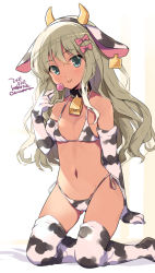 Rule 34 | 1girl, alternate costume, animal costume, animal ears, animal print, aqua eyes, bell, bikini, blonde hair, blush, candy, closed mouth, collar, cow ears, cow print, cow print bikini, cowbell, dark-skinned female, dark skin, elbow gloves, fake animal ears, fake horns, female focus, flat chest, food, gloves, gluteal fold, grecale (kancolle), hairband, holding, horns, kantai collection, kneeling, lollipop, long hair, looking at viewer, navel, neck bell, odawara hakone, one-hour drawing challenge, print bikini, print thighhighs, side-tie bikini bottom, simple background, smile, solo, string bikini, swimsuit, thighhighs, tongue, tongue out, wavy hair