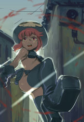Rule 34 | 10s, 1girl, alternate costume, belt, black gloves, black thighhighs, boots, breasts, gloves, hat, high heel boots, high heels, highres, holster, jakuzure nonon, kill la kill, nude, nudist beach uniform, pink eyes, pink hair, revision, shoulder holster, skull print, small breasts, solo, spoilers, thigh boots, thighhighs, utility belt, yojio (2188)