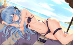 Rule 34 | 1girl, absurdres, bad id, bad pixiv id, beach, beach towel, bikini, black bikini, blue eyes, blue hair, blue sky, blush, breasts, cellphone, cloud, commentary request, cup, day, drink, drinking glass, drinking straw, food, fruit, full-face blush, hair between eyes, highres, hololive, hoshimachi suisei, lens flare, long hair, looking at viewer, lying, multi-strapped bikini, navel, ocean, on side, orange (fruit), orange slice, parted lips, phone, shinigami kiraki, sky, small breasts, smartphone, smile, solo, star (symbol), star in eye, stomach, swimsuit, symbol in eye, thigh strap, towel, virtual youtuber, wet, wet hair