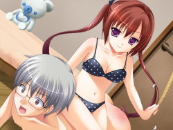 Rule 34 | 1boy, 1girl, all fours, artist request, bed, brown eyes, cleavage, clothed female nude male, door, femdom, game cg, glasses, heart, long hair, looking at viewer, navel, nipples, nude, open mouth, purple eyes, red hair, ruler, short hair, sitting, sitting on person, smile, spanking, teddy bear, underwear