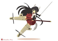 Rule 34 | 1girl, anabuki tomoko, animal ears, bad id, bad pixiv id, black eyes, black hair, chameleon man (three), flat color, fox ears, fox tail, gauntlets, japanese clothes, kamereon three, katana, long hair, miko, no lineart, solo, strike witches, strike witches: suomus misfits squadron, striker unit, sword, tail, weapon, world witches series