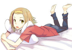 Rule 34 | 00s, 1girl, ass, barefoot, bed sheet, brown hair, casual, denim, feet, hairband, jeans, k-on!, legs up, lying, hugging object, on stomach, pants, pillow, pillow hug, shiromiso, short hair, soles, solo, tainaka ritsu, the pose, tomboy