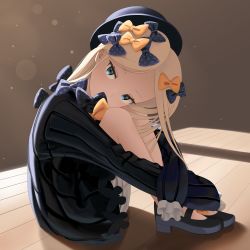 Rule 34 | 1girl, abigail williams (fate), absurdres, backlighting, black bow, black dress, black footwear, black hat, blonde hair, bloomers, blue eyes, bow, brown background, commentary request, dress, fate/grand order, fate (series), forehead, hair bow, hat, head tilt, highres, knees up, light rays, long hair, long sleeves, looking at viewer, multiple hair bows, orange bow, parted bangs, polka dot, polka dot bow, ribbed dress, sanpeita, sitting, sleeves past fingers, sleeves past wrists, slippers, solo, underwear, white bloomers