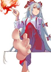 Rule 34 | 1girl, barefoot, bow, cropped legs, crossed legs, feet, feet out of frame, fire, grey hair, looking at viewer, non-web source, simple background, sitting, sketch, solo, suspenders, third-party edit