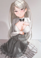Rule 34 | 1girl, blush, breasts, brown eyes, conte di cavour (kancolle), dress, highres, kantai collection, large breasts, layered dress, long hair, long sleeves, looking at viewer, parted lips, sakieko, silver hair, solo, two-tone dress, two side up, white dress