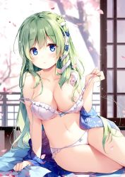Rule 34 | 1girl, arm support, bare arms, bare legs, bare shoulders, blue bow, blue eyes, blue kimono, blurry, blurry background, blush, bow, bow bra, bow panties, bra, breasts, cherry blossoms, cleavage, collarbone, commentary request, day, frilled bra, frilled panties, frills, frog hair ornament, green hair, hair between eyes, hair censor, hair ornament, hair tubes, hand up, indoors, japanese clothes, kimono, kochiya sanae, large breasts, long hair, looking at viewer, miyase mahiro, navel, panties, parted lips, petals, sitting, sliding doors, snake hair ornament, solo, spring (season), stomach, strap gap, strap slip, touhou, tree, underwear, very long hair, white bra, white panties