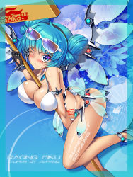 Rule 34 | 1girl, aqua hair, bare shoulders, between breasts, bikini, blush, breasts, character name, cleavage, double bun, eyewear on head, female focus, fingerless gloves, gloves, goodsmile company, goodsmile racing, hatsune miku, highres, large breasts, mechanical wings, one eye closed, race queen, racing miku, racing miku (2013), sign, smile, solo, sunglasses, swimsuit, tan, tongue, tongue out, torisan, vocaloid, wings