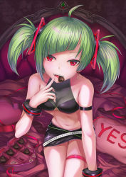 Rule 34 | 1girl, absurdres, ahoge, arm strap, bare shoulders, bed, belt, black skirt, box, breasts, candy, chocolate, chocolate heart, clothing cutout, crop top, delutaya, diagonal bangs, dincat, earrings, finger to mouth, food, green hair, halterneck, heart, heart-shaped box, highres, index finger raised, indie virtual youtuber, jewelry, looking at viewer, loose belt, medium breasts, midriff, miniskirt, mouth hold, navel, open mouth, red eyes, red ribbon, ribbon, see-through, sitting, skirt, smile, solo, stomach, thigh strap, triangle earrings, triangle hair ornament, twintails, underboob cutout, valentine, virtual youtuber, yes-no pillow